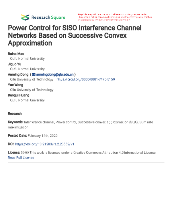 (PDF) Power Control for SISO Interference Channel Networks Based on ...