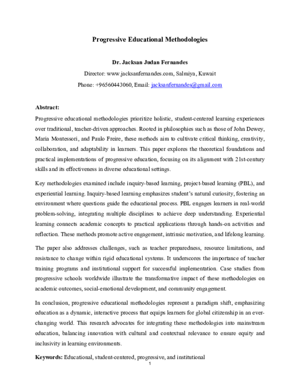 (PDF) Progressive Educational Methodologies