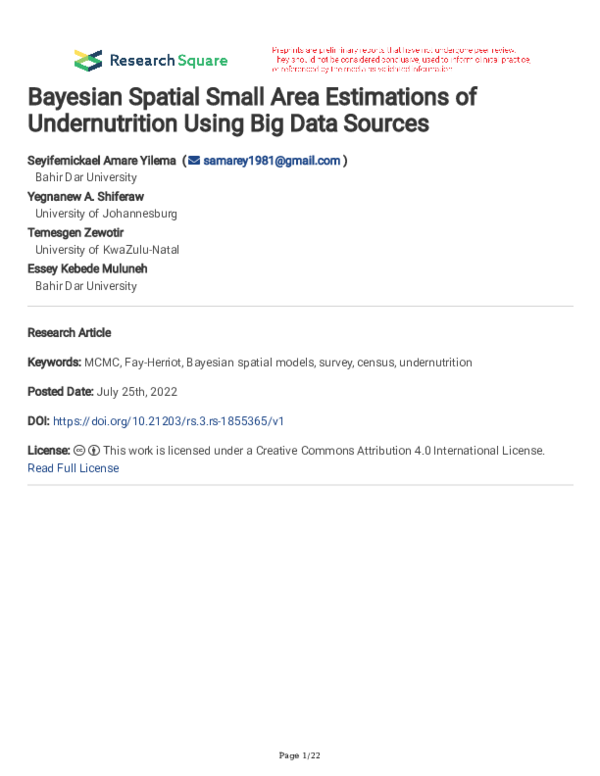 (PDF) Bayesian Spatial Small Area Estimations of Undernutrition Using ...