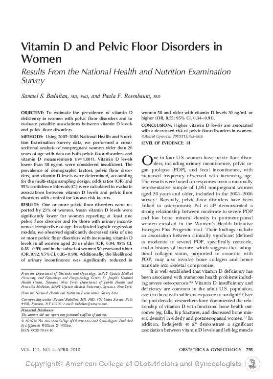(PDF) Vitamin D and Pelvic Floor Disorders in Women