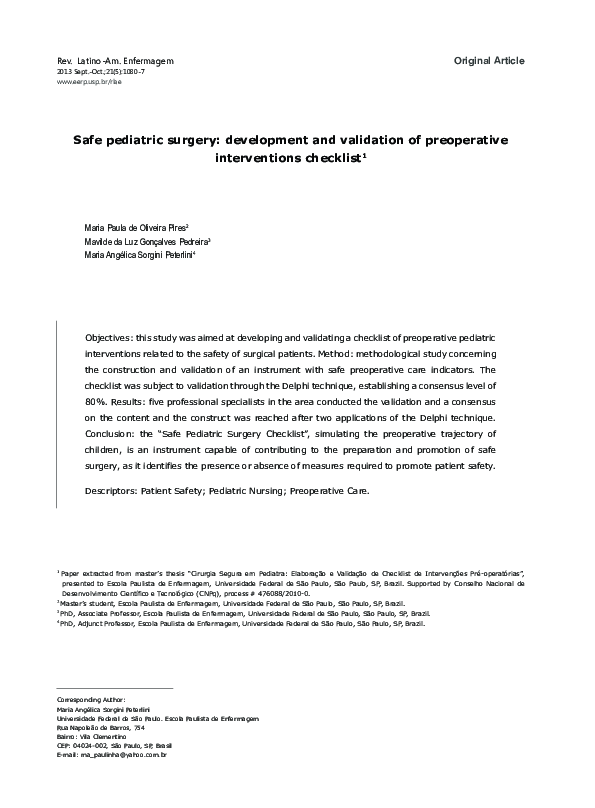 (PDF) Safe pediatric surgery: development and validation of ...