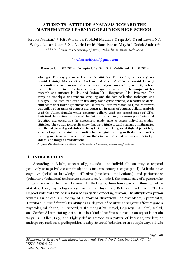 (PDF) Students' Attitude Analysis Toward Learning Mathematics