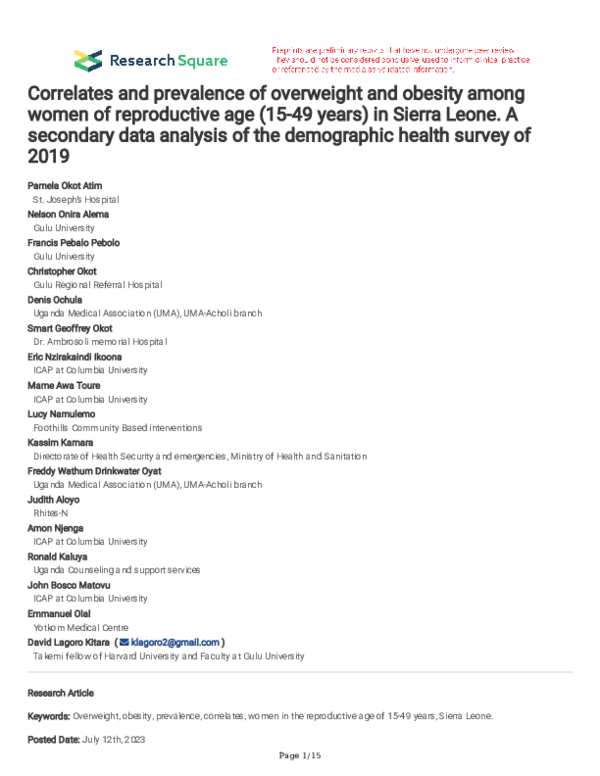 (PDF) Correlates and prevalence of overweight and obesity among women ...