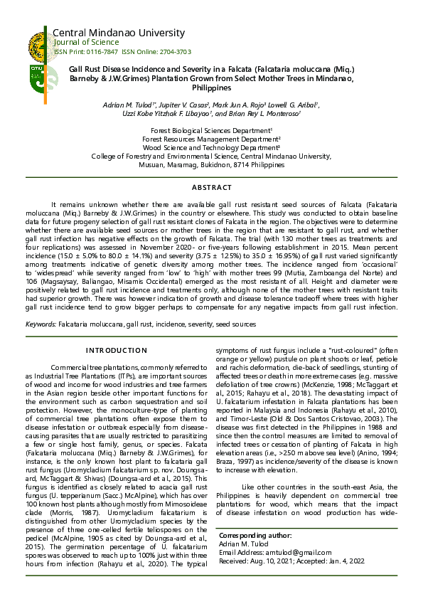 (PDF) Gall Rust Disease Incidence and Severity in a Falcata (Falcataria ...