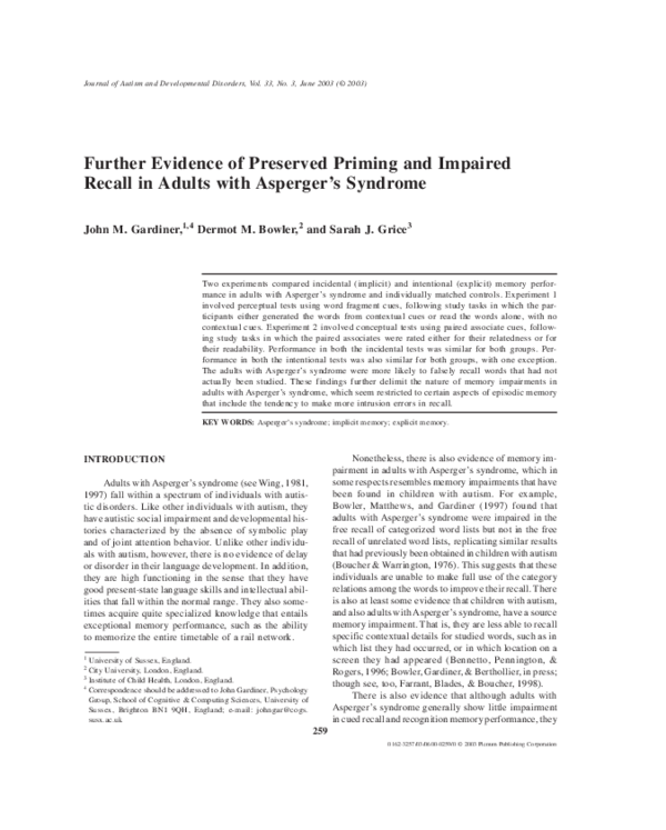 (PDF) Further Evidence of Preserved Priming and Impaired Recall in ...