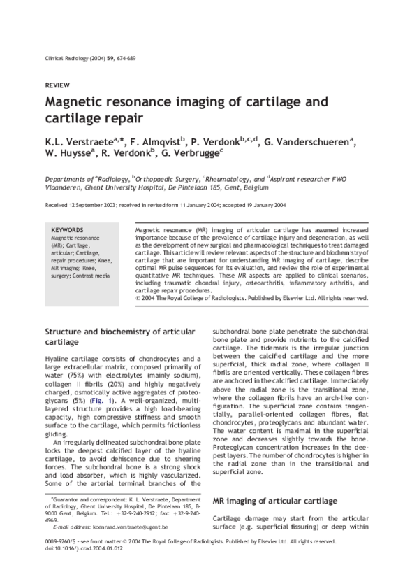 Magnetic resonance imaging of cartilage and cartilage repair