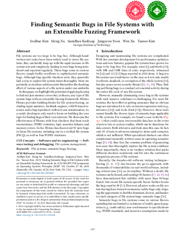 (PDF) Finding semantic bugs in file systems with an extensible fuzzing ...