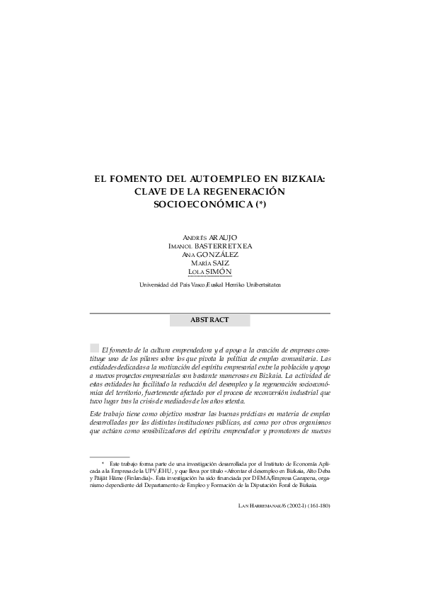 (PDF) El Fomento Del Autoempleo en Bizkaia: Clave De La Regeneración ...