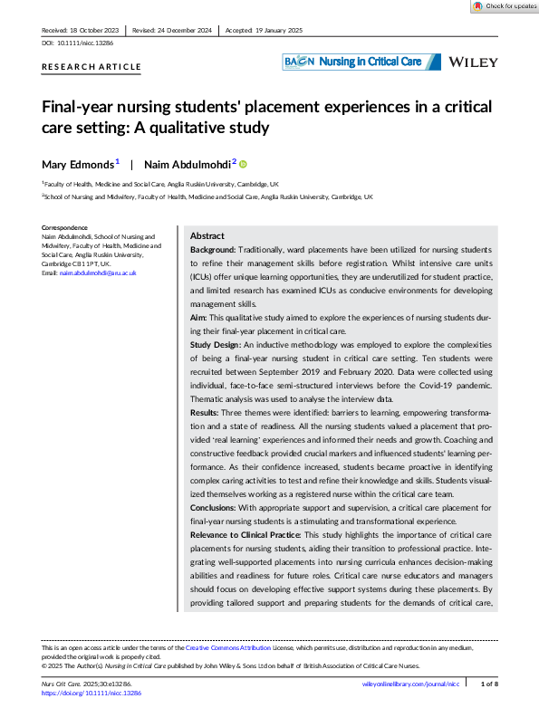 (PDF) Final-year nursing students' placement experiences in a critical ...