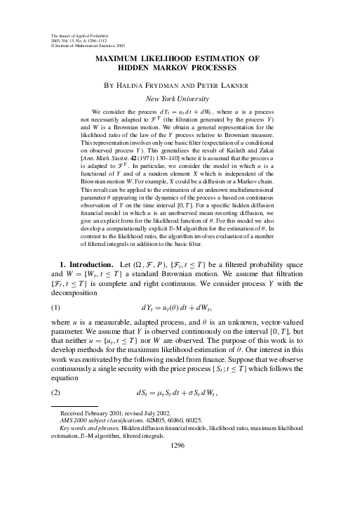(PDF) Maximum Likelihood Estimation of Hidden Markov Processes