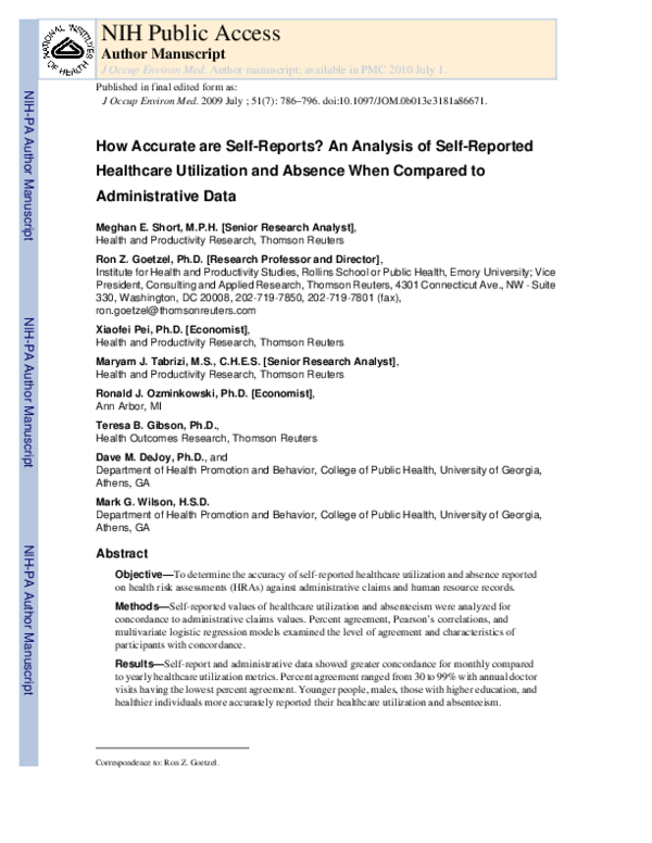 (PDF) How Accurate are Self-Reports? Analysis of Self-Reported Health ...