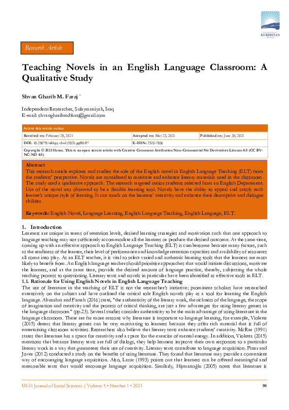 (PDF) Teaching Novels in an English Language Classroom: A Qualitative Study