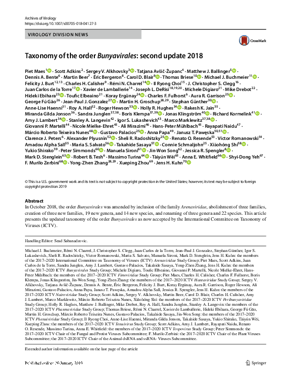 (PDF) Taxonomy of the order Bunyavirales: second update 2018
