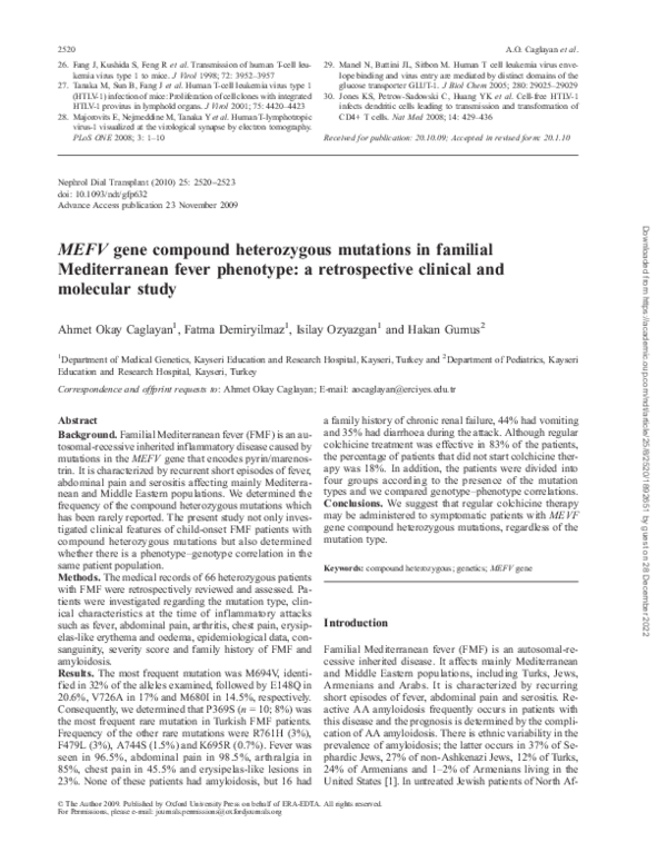 (PDF) MEFV gene compound heterozygous mutations in familial ...
