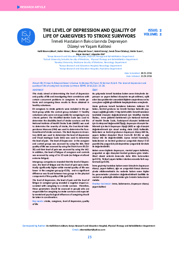 (PDF) The level of depression and quality of life of caregivers to ...