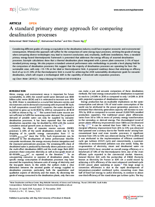 (PDF) A standard primary energy approach for comparing desalination ...