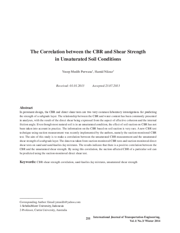 (PDF) The Correlation between the CBR and Shear Strength in Unsaturated ...