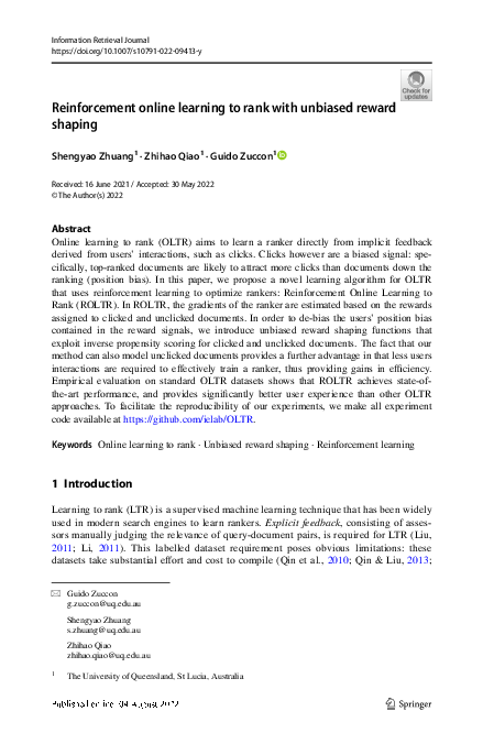 (PDF) Reinforcement online learning to rank with unbiased reward shaping
