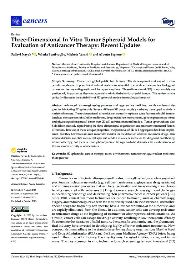 (PDF) Three-Dimensional In Vitro Tumor Spheroid Models for Evaluation ...