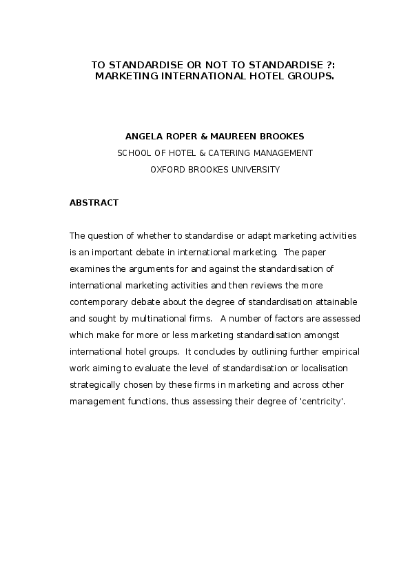 To Standardise or not to Standardise?: Marketing International Hotel Groups