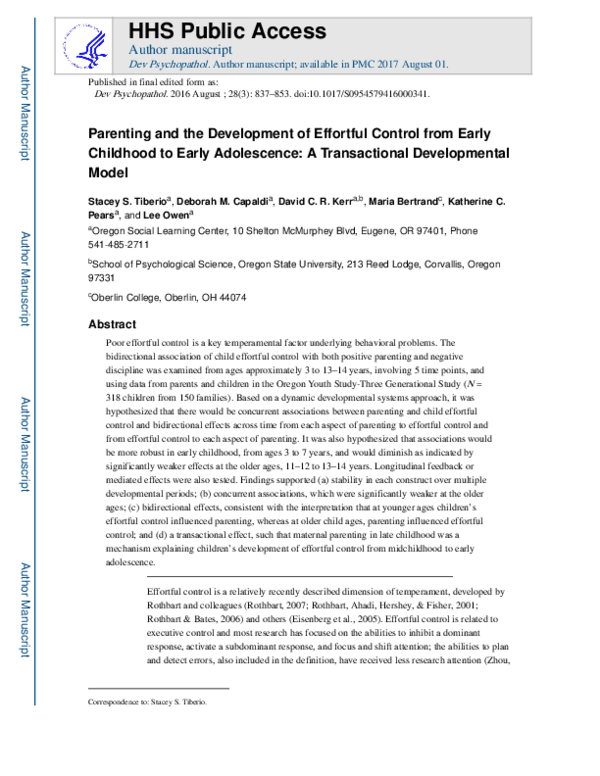 (PDF) Parenting and the development of effortful control from early ...
