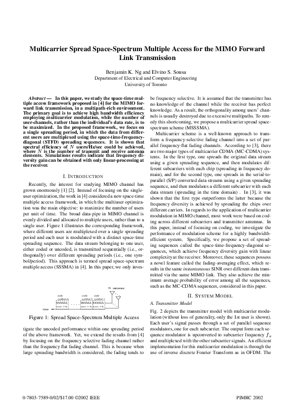 (PDF) Multicarrier spread space-spectrum multiple access for the MIMO ...