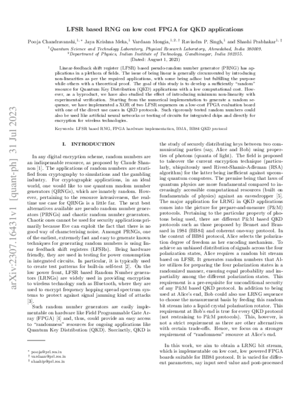 (PDF) LFSR based RNG on low cost FPGA for QKD applications