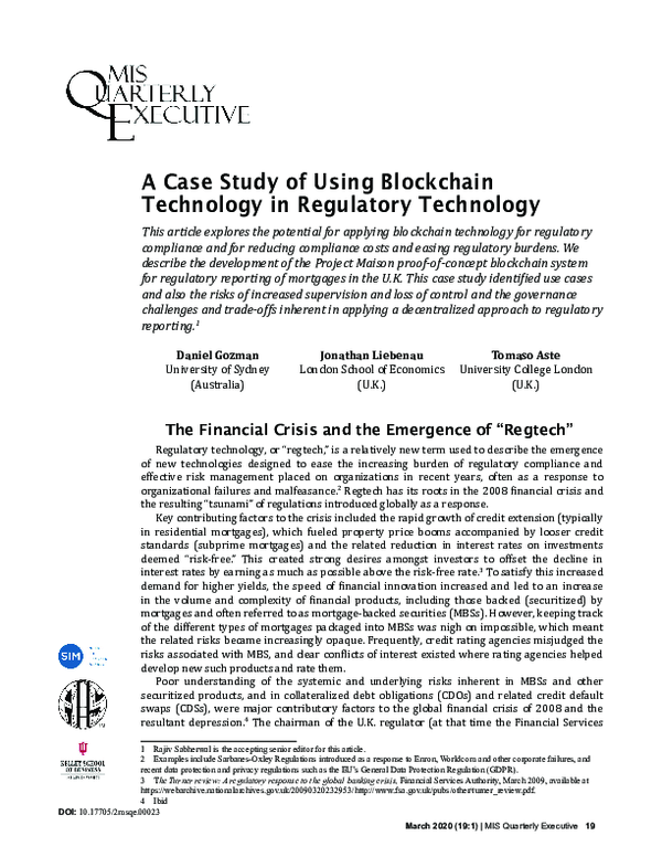 (PDF) A Case Study of Using Blockchain Technology in Regulatory Technology