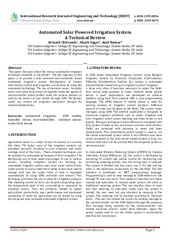 (PDF) Automated Solar Powered Irrigation System A Technical Review
