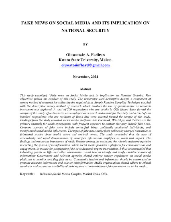 (PDF) FAKE NEWS ON SOCIAL MEDIA AND ITS IMPLICATION ON NATIONAL SECURITY