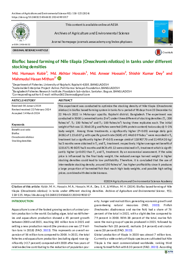(PDF) Biofloc based farming of Nile tilapia (Oreochromis niloticus) in ...