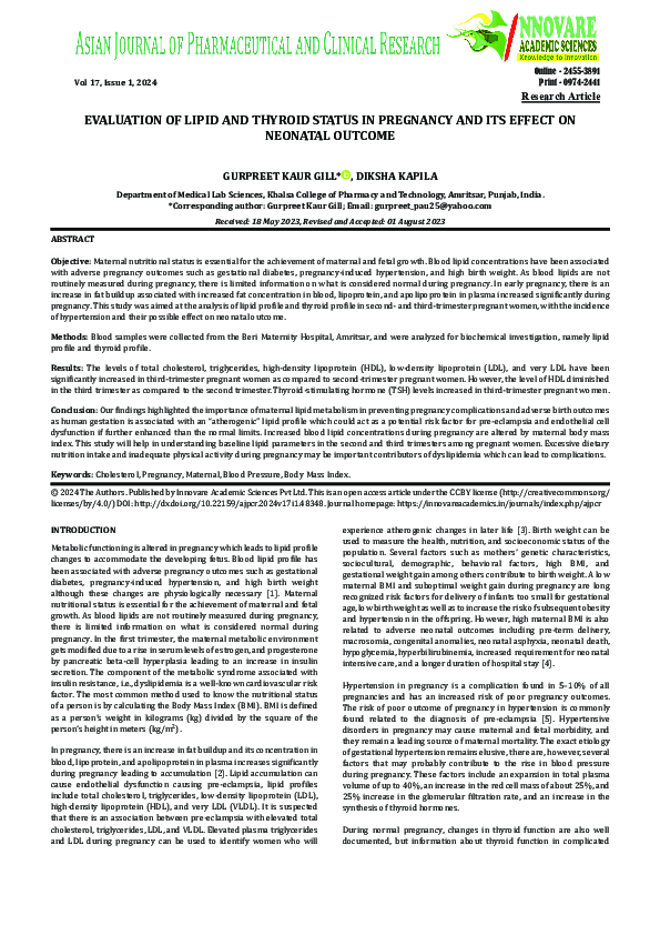 (PDF) EVALUATION OF LIPID AND THYROID STATUS IN PREGNANCY AND ITS ...
