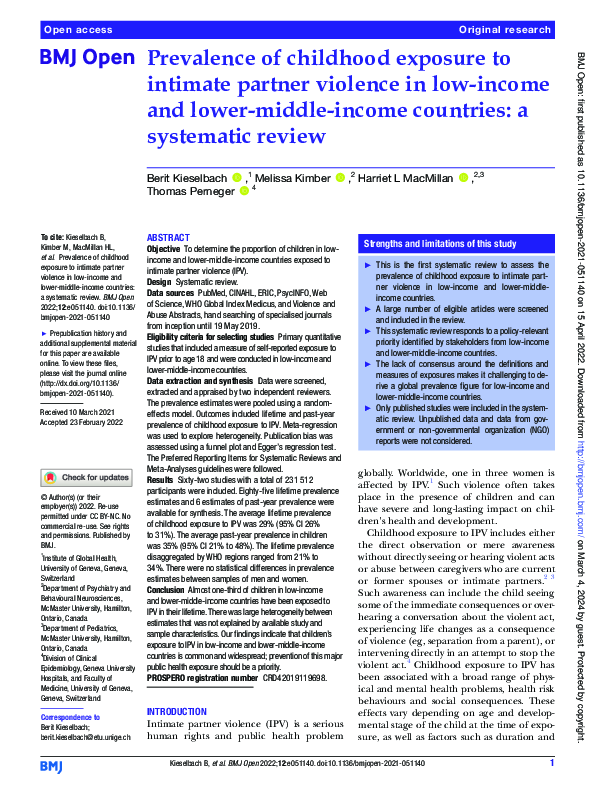 (PDF) Prevalence of childhood exposure to intimate partner violence in ...
