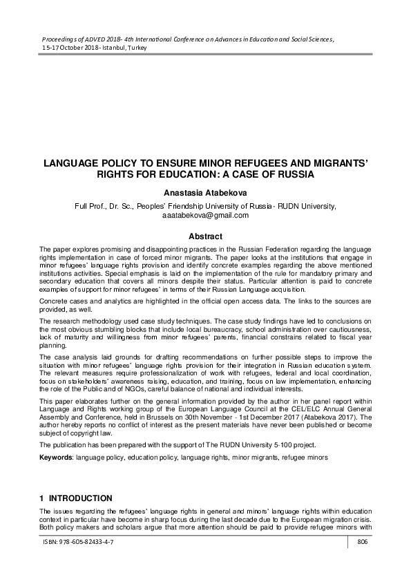 (PDF) Language POLICY TO Ensure Minor Refugees and migrants’ Rights for ...