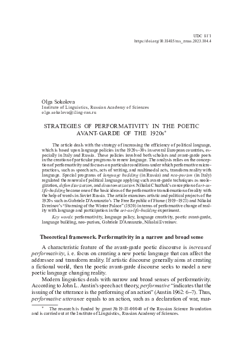 (PDF) STRATEGIES OF PERFORMATIVITY IN THE POETIC AVANT-GARDE OF THE 1920s