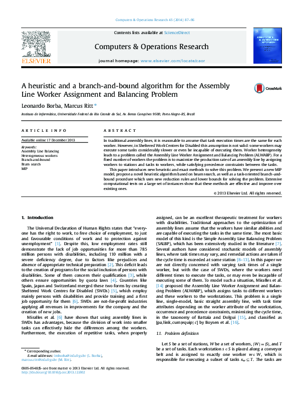 (PDF) A heuristic and a branch-and-bound algorithm for the Assembly ...