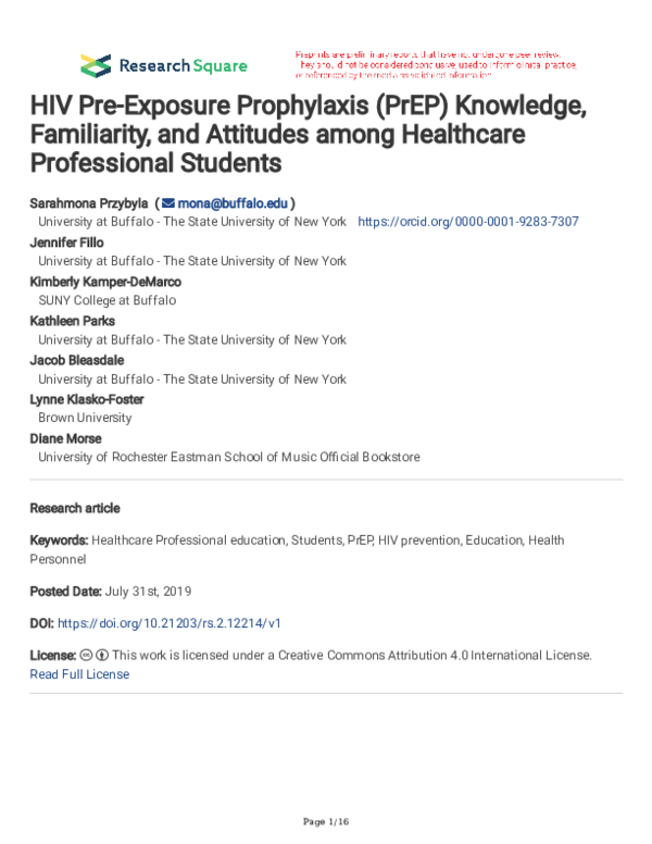 Pdf Hiv Pre Exposure Prophylaxis Prep Knowledge Familiarity And