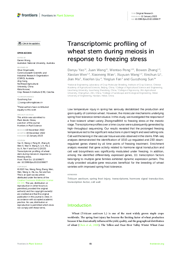 (PDF) Transcriptomic profiling of wheat stem during meiosis in response ...