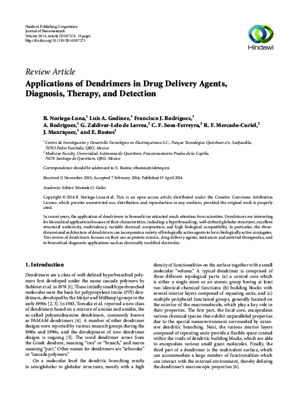 (PDF) Applications of Dendrimers in Drug Delivery Agents, Diagnosis ...
