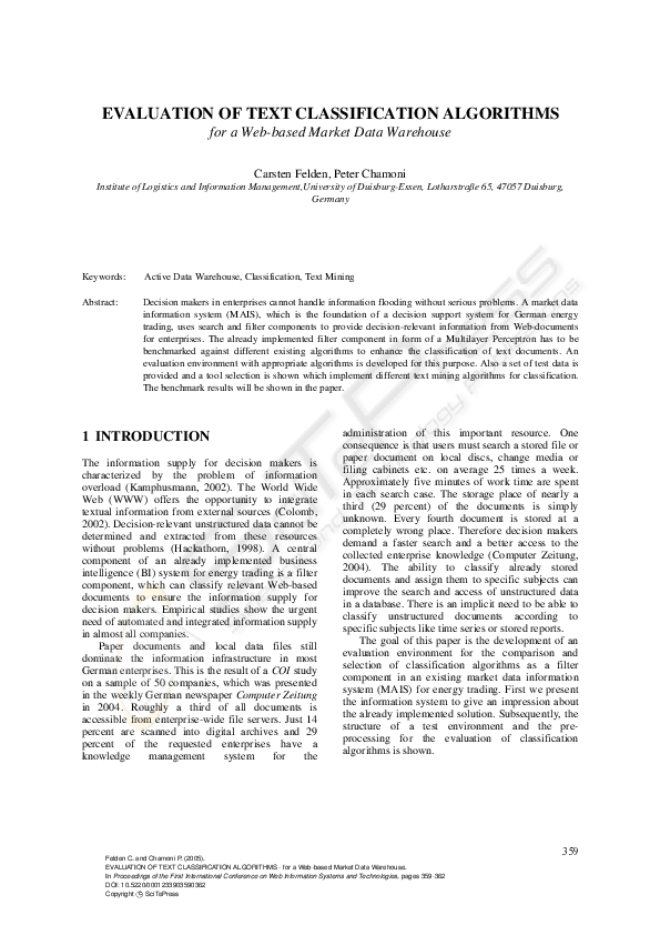 (PDF) EVALUATION OF TEXT CLASSIFICATION ALGORITHMS - for a Web-based ...