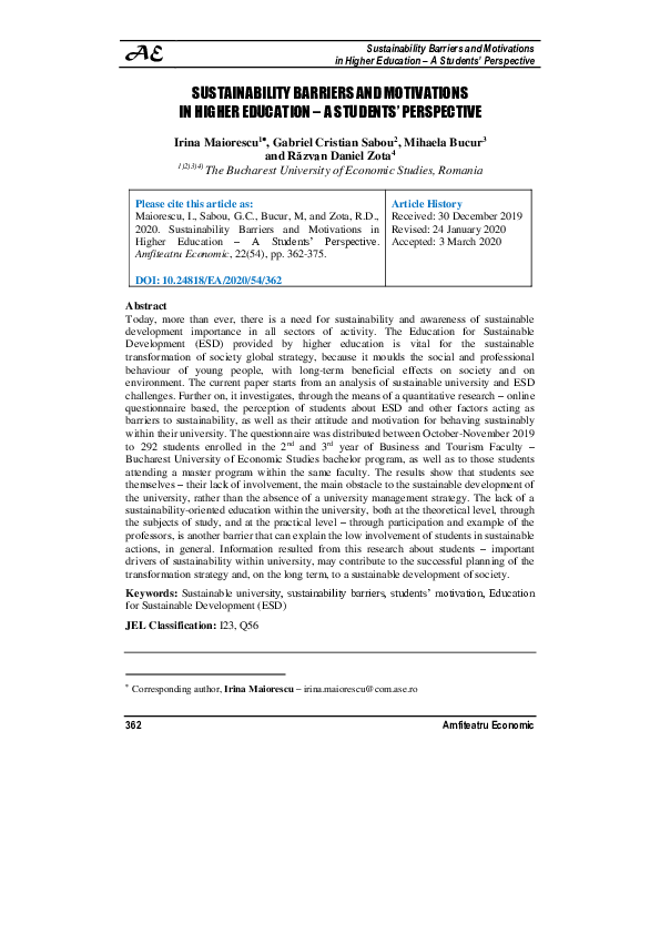 (PDF) Sustainability Barriers and Motivations in Higher Education A ...