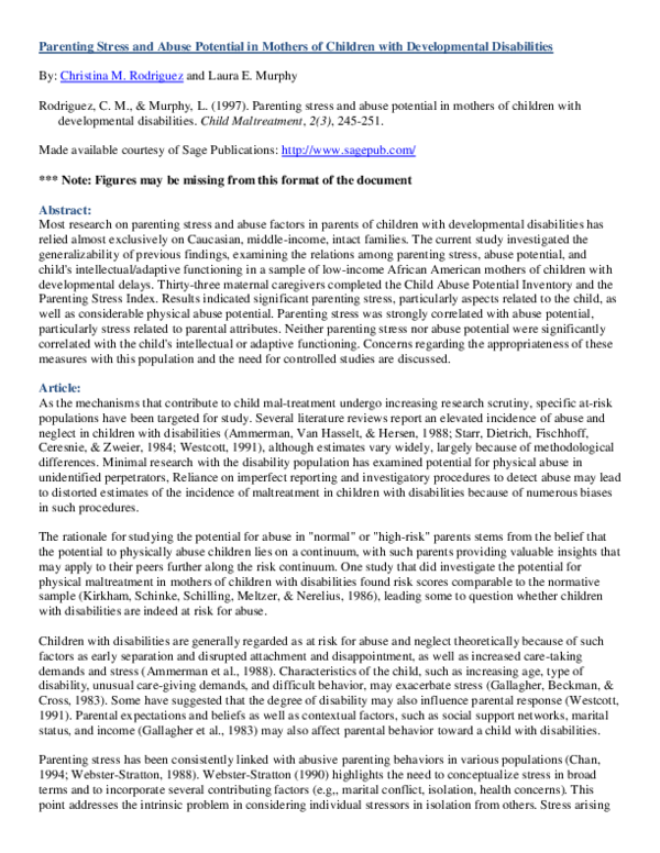 (PDF) Parenting Stress and Abuse Potential in Mothers of Children with ...