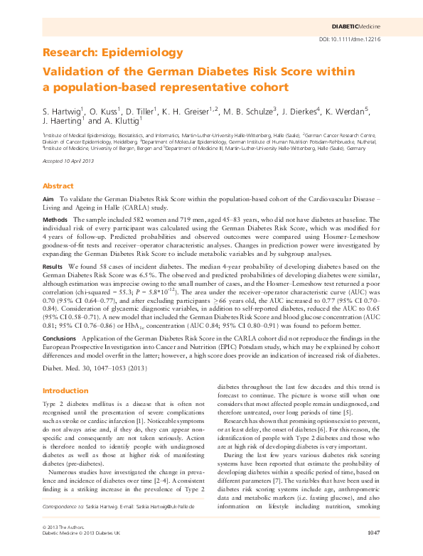 (PDF) Validation of the German Diabetes Risk Score within a population ...