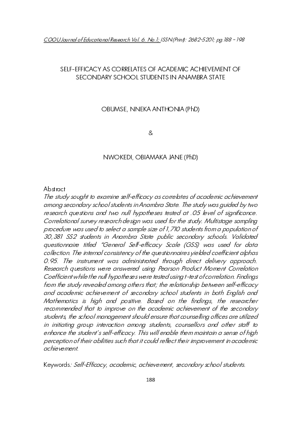 (PDF) SELF-EFFICACY AS CORRELATES OF ACADEMIC ACHIEVEMENT OF SECONDARY ...