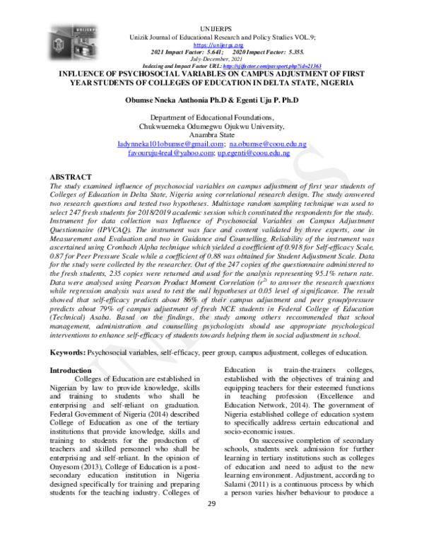 (PDF) INFLUENCE OF PSYCHOSOCIAL VARIABLES ON CAMPUS ADJUSTMENT OF FIRST ...