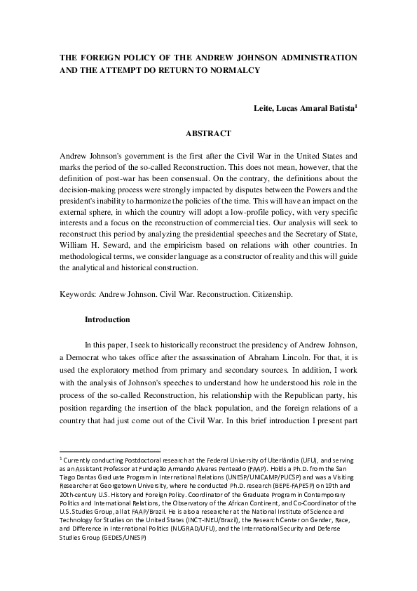 (PDF) THE FOREIGN POLICY OF THE ANDREW JOHNSON ADMINISTRATION AND THE ...