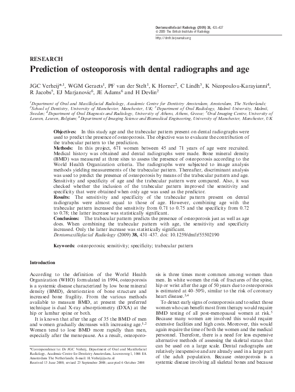 (PDF) Prediction of osteoporosis with dental radiographs and age
