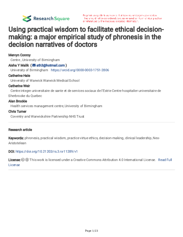 (PDF) Using practical wisdom to facilitate ethical decision-making: a ...