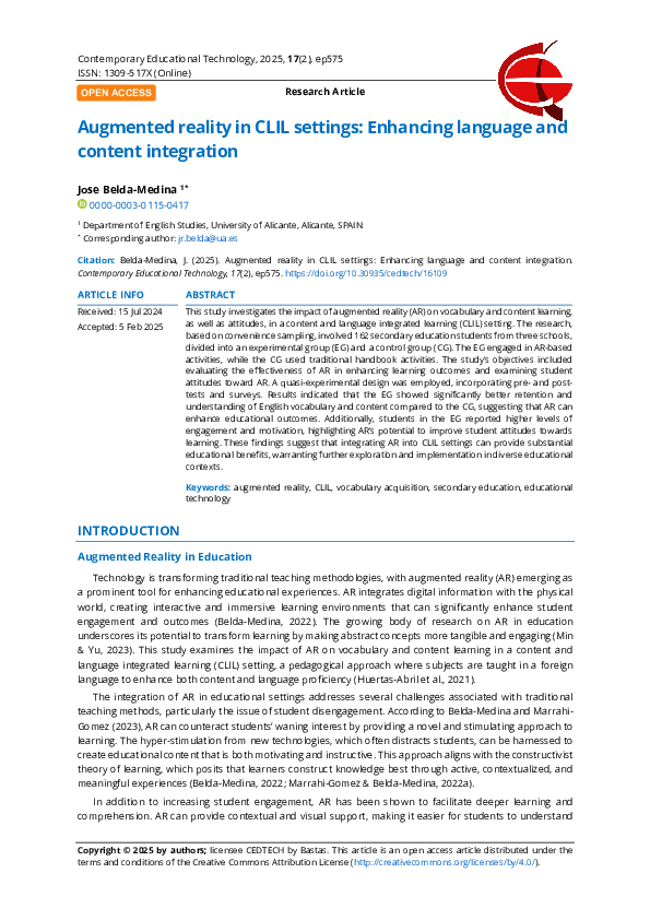 (PDF) Augmented reality in CLIL settings: Enhancing language and ...