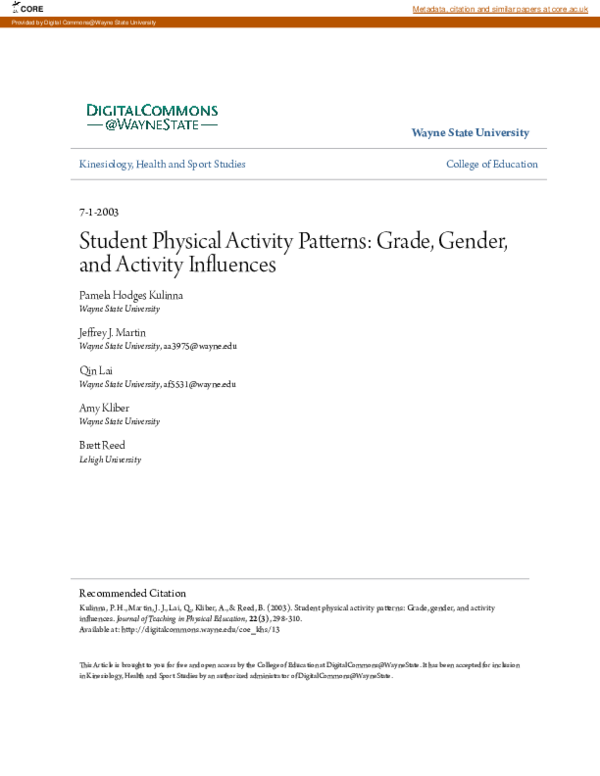(PDF) Student Physical Activity Patterns: Grade, Gender, and Activity ...